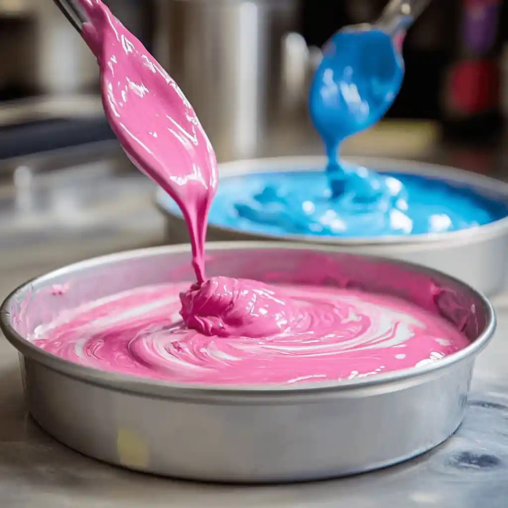Gender reveal cake batter being poured into cake pans, with pink and blue layers.