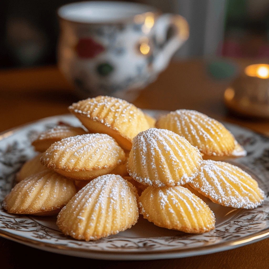 Golden Madeleine cookies with a soft, creamy texture, arranged on a plate and dusted with powdered sugar, set in a cozy tea-time setting.