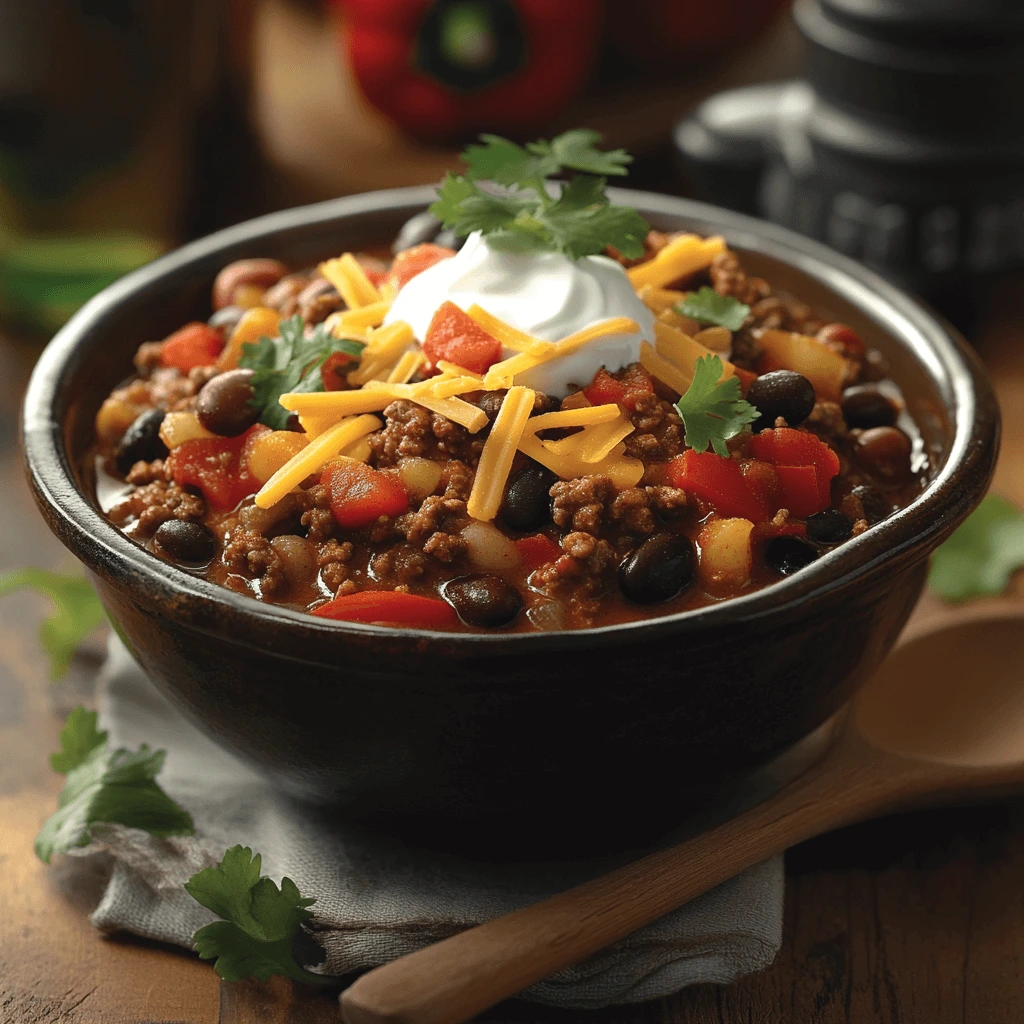 Delicious ground beef chili with kidney beans, black beans, tomatoes, and bell peppers, topped with shredded cheddar cheese, sour cream, and fresh cilantro.